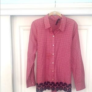 TOMMY HILFIGER-Red Gingham Button-Up Shirt with Blue eyelet Lace Trim. Like new
